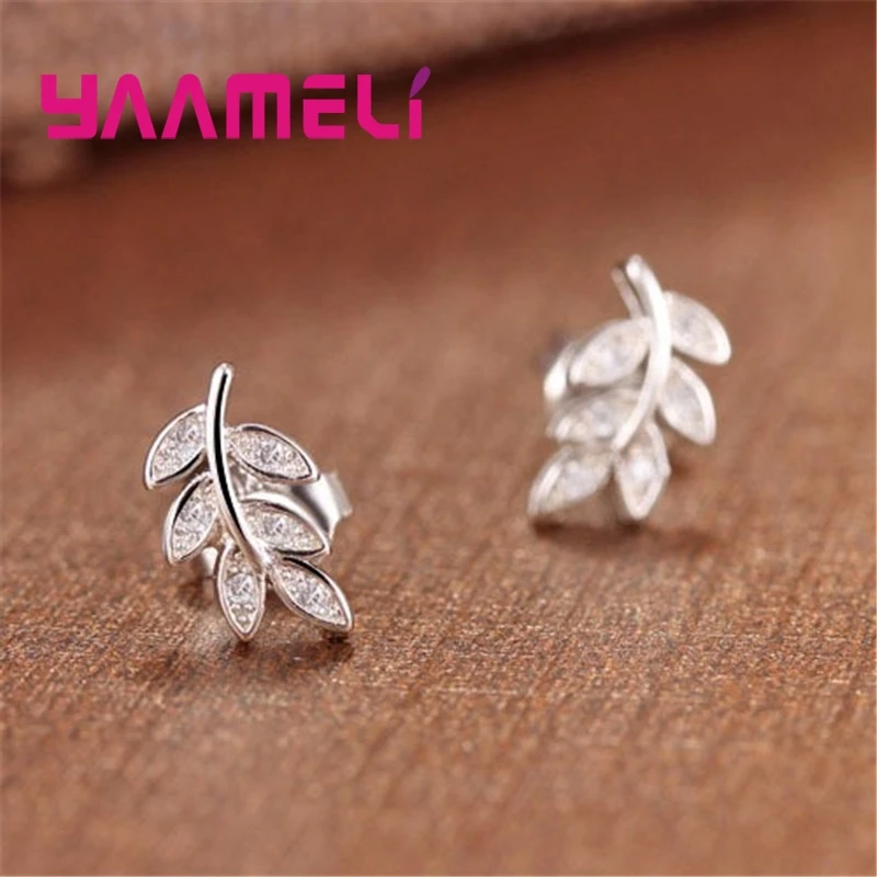 Trendy Real 925 Sterling Silver Color Stud Earrings Sweet Feather Leaves Design Austrian Crystal Paved Women Girl Gfit Jewerly