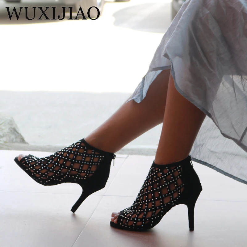 WUXIJIAO Women's black suede sparkling rhinestone dance shoes Latin dance shoes ballroom dance shoes 10 cm tango dance shoes