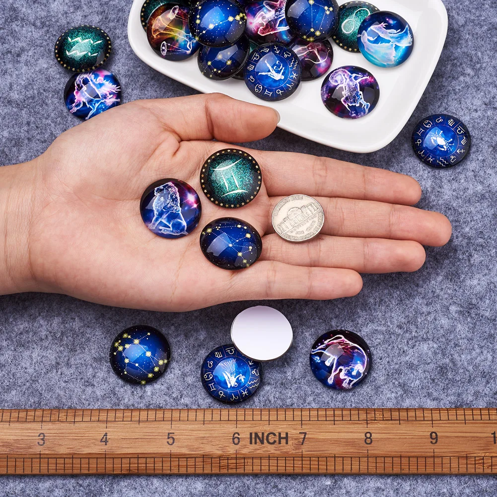 60pcs/lot 25mm Half Round 12 Constellations Glass Cabochons Cameo Zodiac Sign Pendant Jewelry Making Birthday Gift