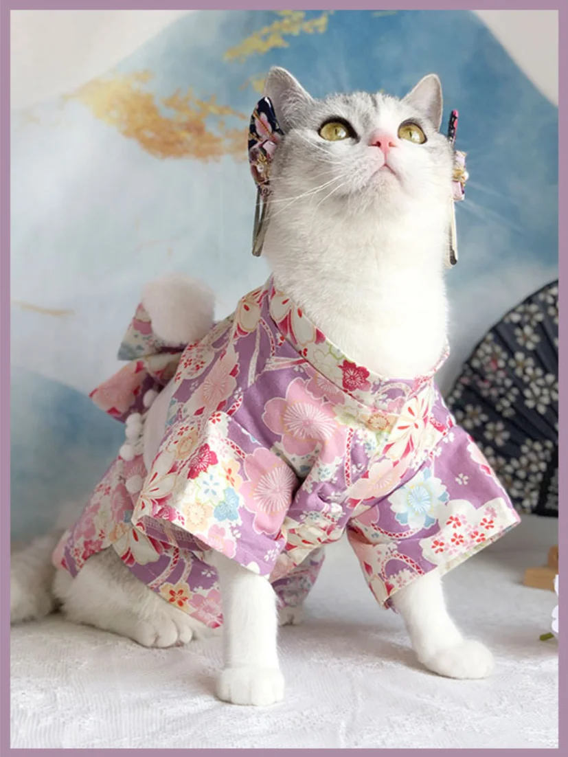 Japanese Style Thin Cat Dog Coat Kimono Summer Pet Clothes for Cats Dogs Cute Print with Bow-knot Kitten Sphynx Clothing Outfit