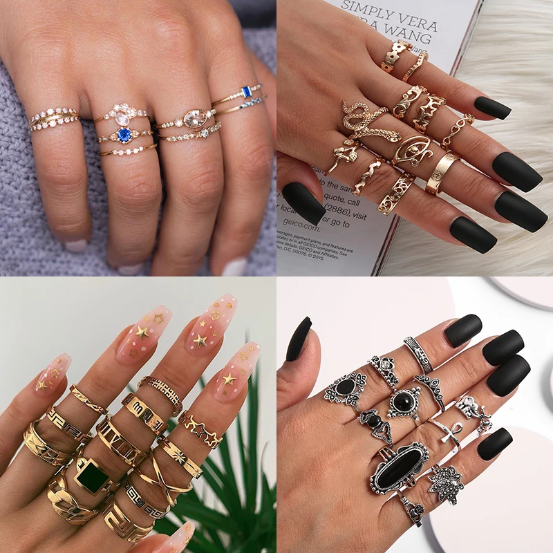 Vintage Knuckle Ring Sets For Women Boho Crystal Stone Geometric Figure Rings Female Bohemian 2021 Jewelry Gift