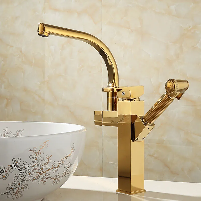 Bathroom Basin Faucet Hot & Cold Solid Brass Sink Mixer Taps Dual Handle Deck Mounted With Spray Gun Rotating Kitchen Gold