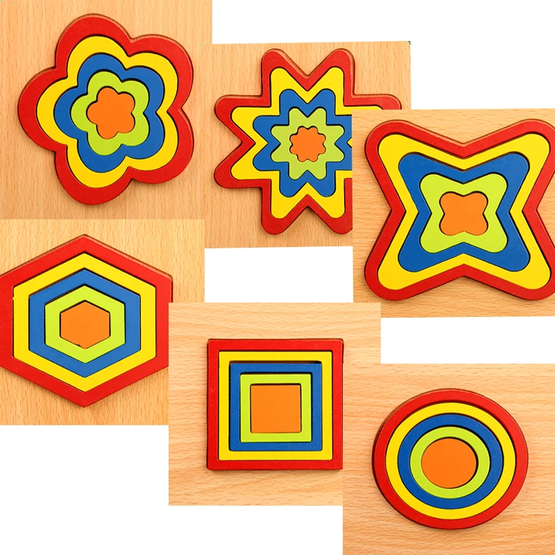 High Quality Colorful 3D Wooden Geometric Shapes Cognition Puzzles Board Math Game Montessori Learning Educational For Kids Toys