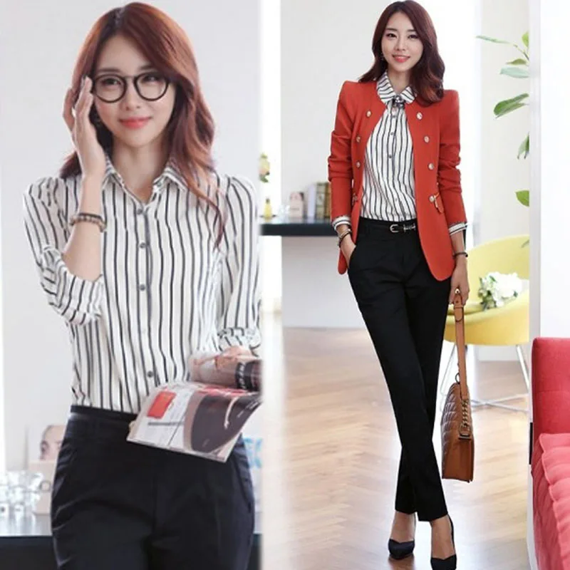 Spring Black and White Office Ladies Shirts Vertical Stripes Ladies Self-cultivation Blouse Long-sleeved Chiffon Female Shirts