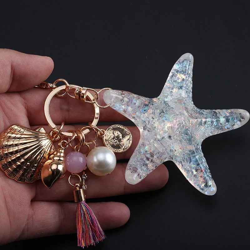 New Fantasy Cartoon Sea World Pearl Shell Starfish Keychain Pentagram Crystal Key chain Ladies Bag Car Key Alloy Pendant Jewelry
