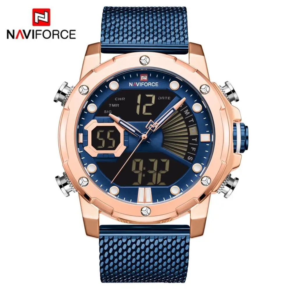 NAVIFORCE Men\'s Watch Fashion Bussiness Stainless Steel Waterproof Digital Quartz Wristwatches Original Sports Chronograph Male