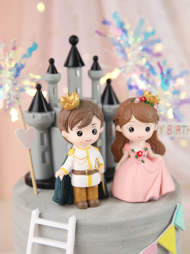 Cute Castle Princess Prince Resin Creative Crafts Cake Decorations Little Boy Girl Model Micro Landscape Cake Topper Decor view 4