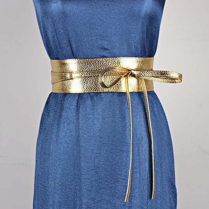 Spring Autumn Women Belt for Dress Fashion Metallic Color Soft Faux Leather Wide Belt Self Tie Wrap Waist  Dress