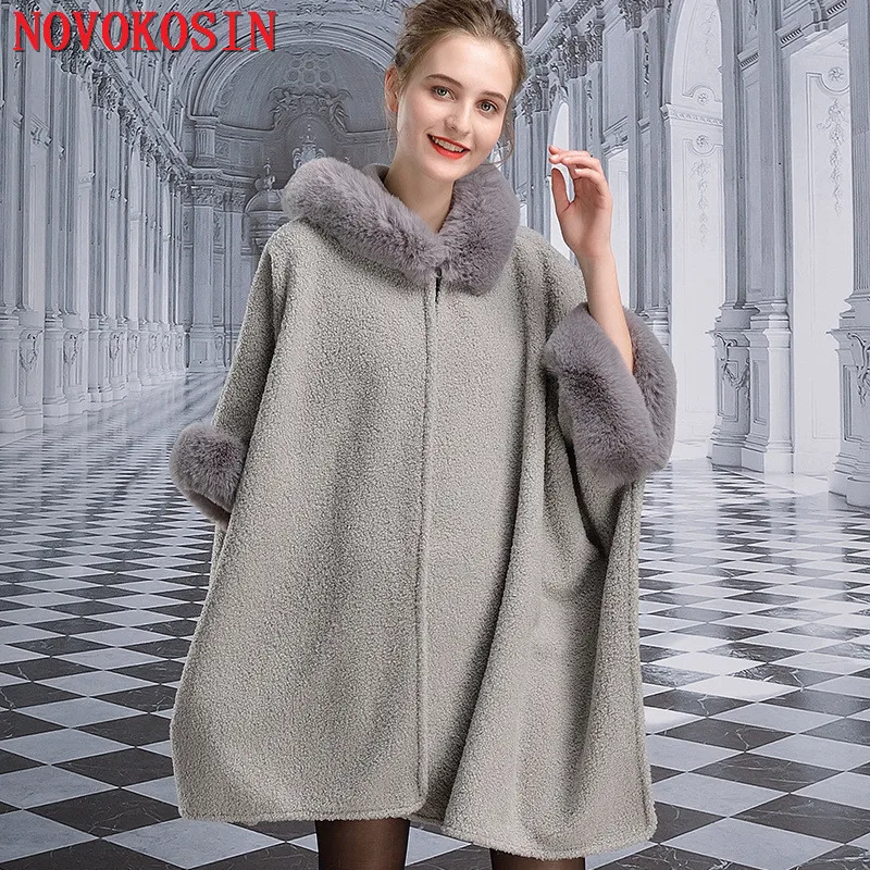 6 Colors Winter Warm Granular Velvet Batwing Poncho Thick Streetwear Overcoat Women Faux Rabbit Fur Loose Cardigan Coat With Hat