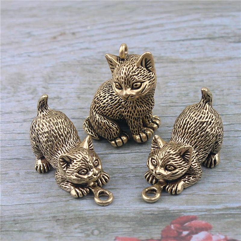 Pure Copper Plutus Cat Keychain DIY Hanging Accessories Jewelry Cute Animal Kitten Figure Keyring Pendant Children Birthday Gift