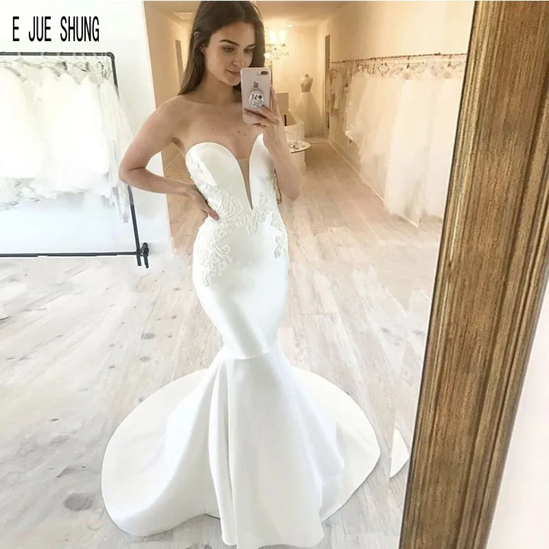 E Jue Shung Sexy Satin Mermaid Trouwjurken Sweetheart Hals Backless Bruidsjurken Kant Applicaties Bruidsjurken Robe De Mariee