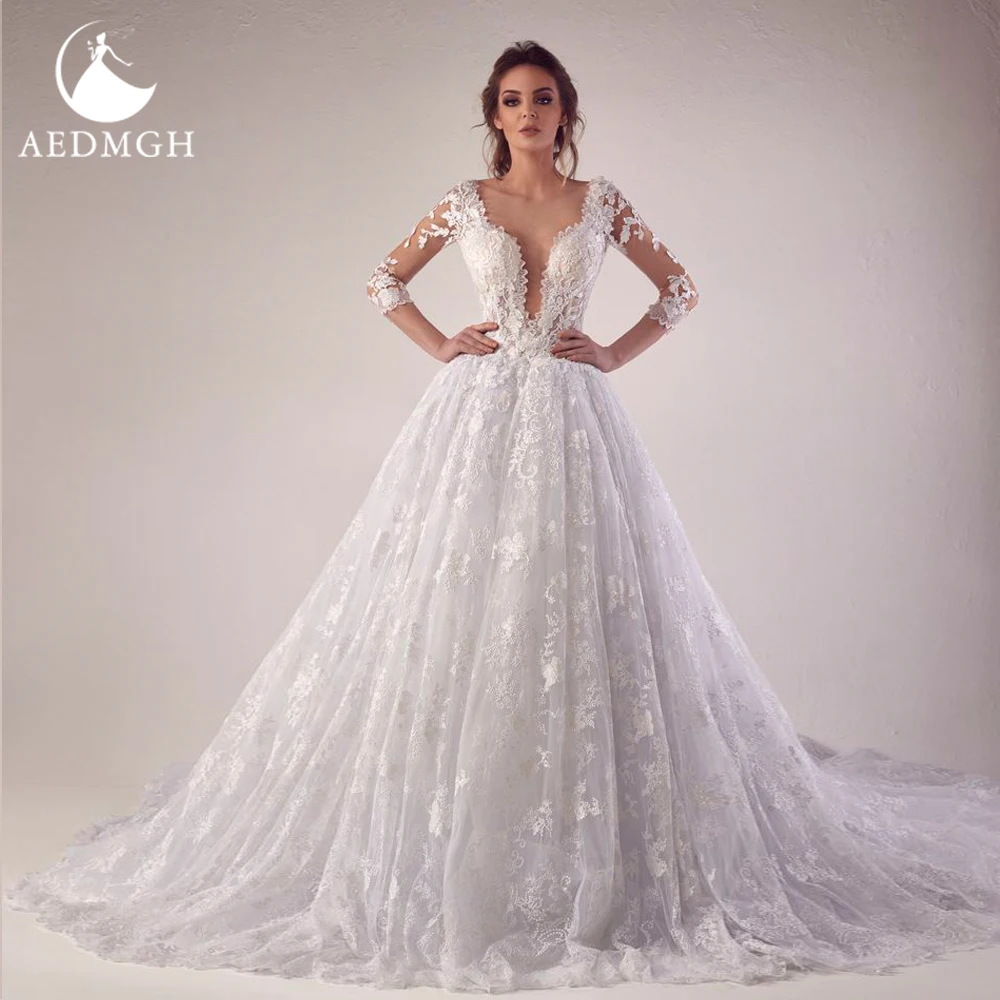 Aedmgh Ball Gown Gorgeous Wedding Dresses V-Neck Three Quarter Sleeve Robe De Mariee Lace Appliques Custom Made Bridal Gown