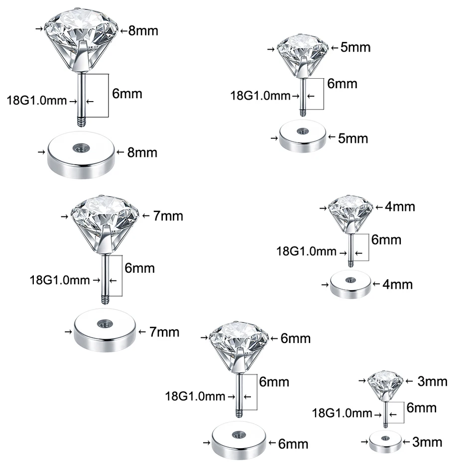 1PC Stainless Steel Crystal Zircon Ear Studs Earrings For Women/Men Prong Gem Tragus Cartilage Piercing Jewelry 3-8mm