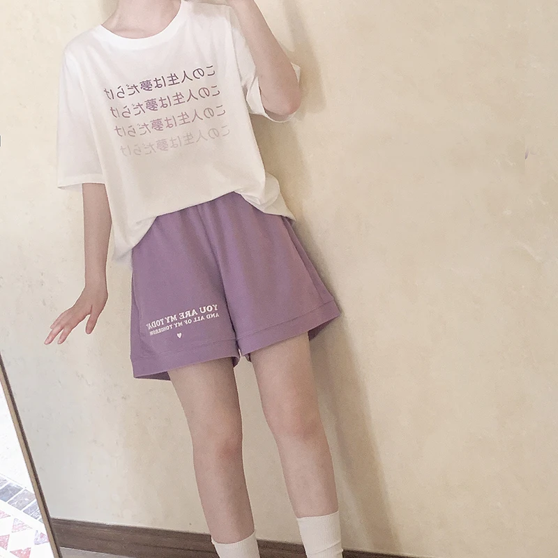 Korean Fashion Tops Women 2021 Short Sleeve T-shirts Girls Purple Japanese Letter Print Gradient Basic Tee Shirt Summer Clothes