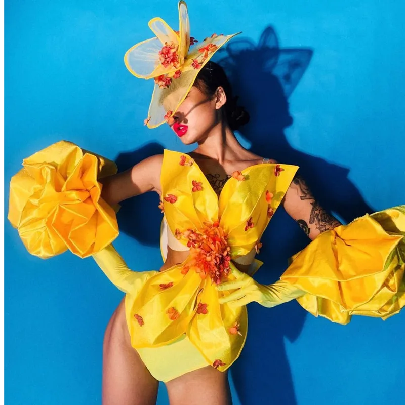 Sexy Women Bar Nightclub Dance Costume Yellow Flower Gloves Bikini Outfit Singer Stage Wear Party Show Performance Costume