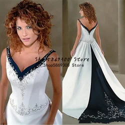 Navy Blue and White Gothic Wedding Dresses Vintage V-neck Lace Beaded Embroidery Sweep Train Matte Stain Country Bridal Dress