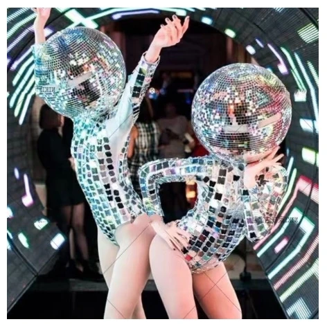 Future technology Silver nightclub bar ds GOGO glass ball mirror helmet bikini costume