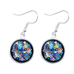 Murano Millefiori Drop Earrings MultiColour Flower 16mm Glass Cabochon Earring Jewelry For Women Girls Gift Wholesale