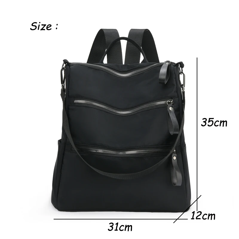 Mochila de Nylon Preto Multibolso para Mulheres, Bolsa de Viagem Padrão Simples Feminino, Mochila Escolar de Alta Qualidade para Adolescentes,