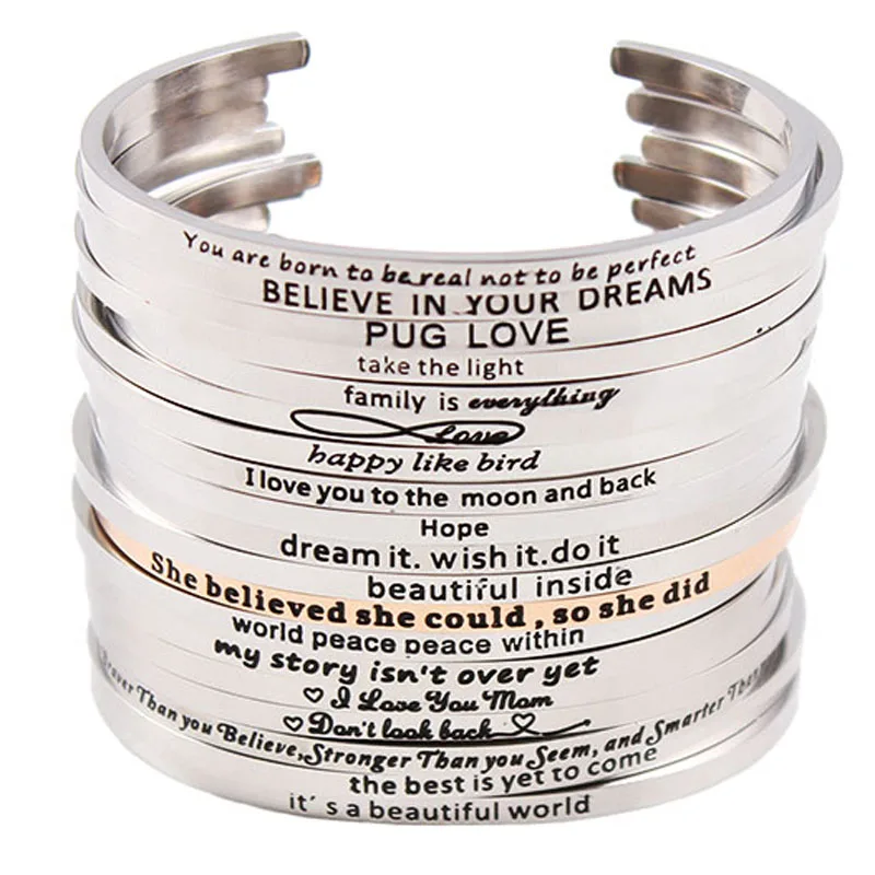 Stainless Steel Mantra Bracelet Positive Inspirational Quote Handmade Cuff Engraved Bangle Bracelet For Women Best Gift