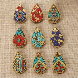 Nepalese Buddhist Handmade Flat Teardrop 48x30mm Tibetan Brass Metal & Clay Loose Craft Beads for Jewelry Making DIY Necklace