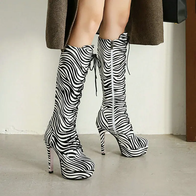 

2021 New PU Leather Women Knee High Boots Platform Thin High Heel Ladies Long Boots Zebra Pattern Snake Print Ladies Winter Shoe