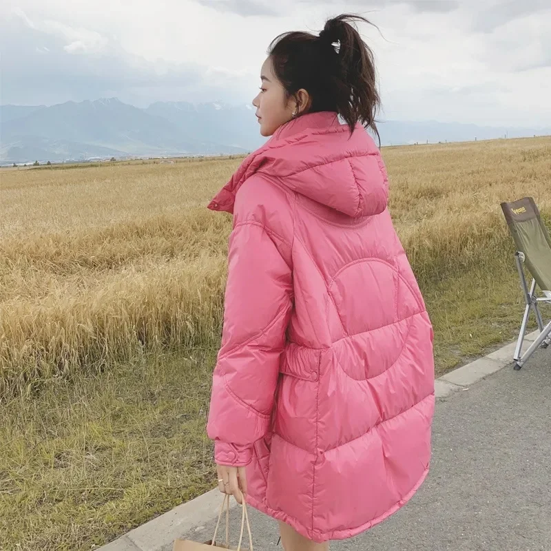 Winter 2021 New Korean Down Cotton Jacket Women Mid-Length Fashion Pink Thick Hooded White Duck Down Jacket M190