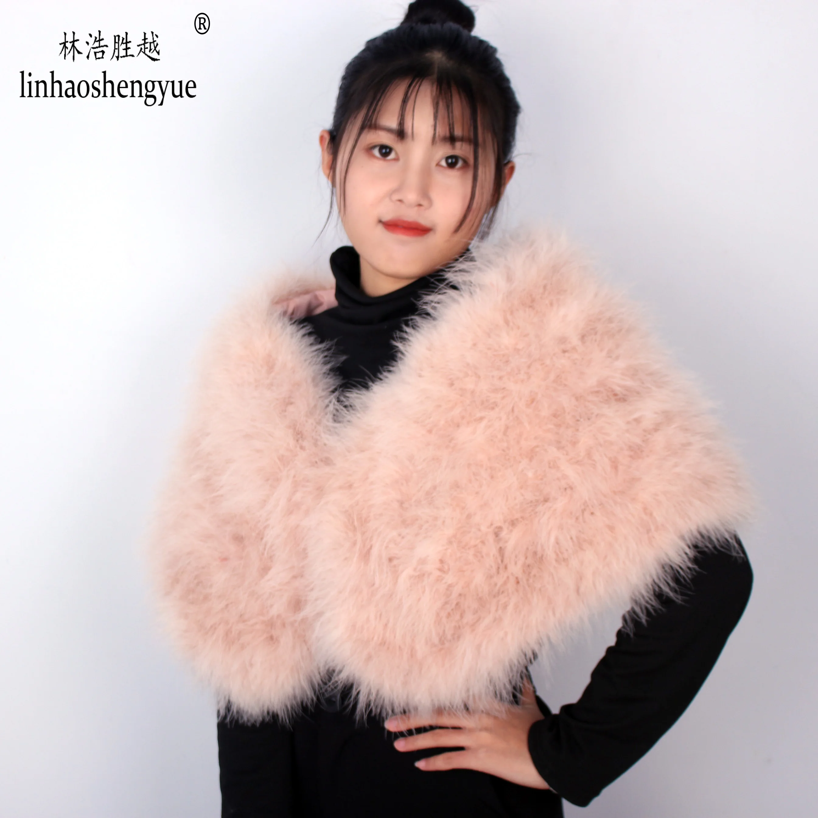 

Linhaoshengyue Fashion Ostrich Fur Small Shawl of Length 120cm