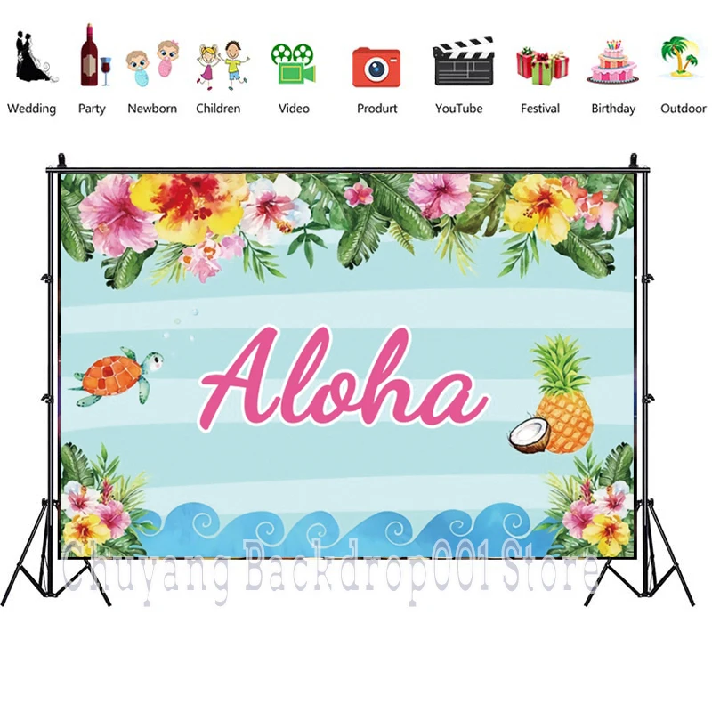 Aloha Photo Backdrop Luau Hawaiian Beach Happy Birthday Party Flower Pool Flamingo Tropical Photography Backgrounds Banner