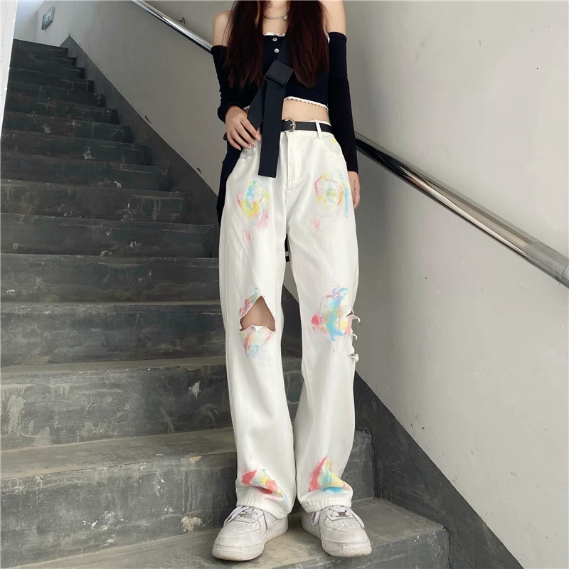 

Woman Jeans Ripped High Waist Clothes Wide Leg Denim Clothing Streetwear Vintage Quality Nice Vogue Harajuku Straight Pants