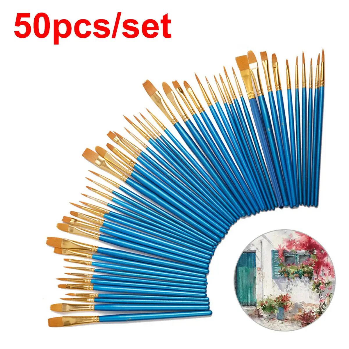 50Pcs Detail Paint Brush Set Professional Synthetic Short Handle Brush Art Brush Supplies Watercolor Oil Paint Brush Set