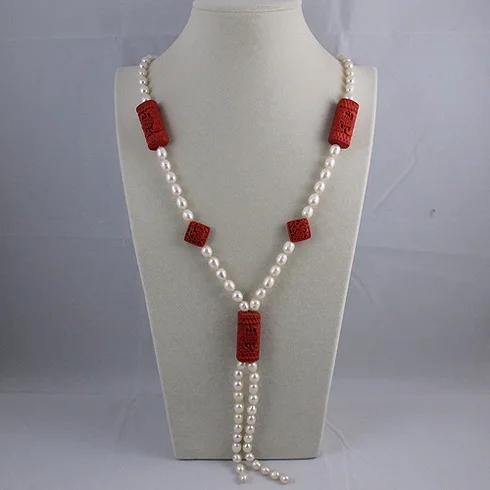 

Terisa Peal Jewelry Store White Rice Freshwater Pearl Red Carved Lacquerware Luck Beads Necklace 80cm Charming Women Girl Gift