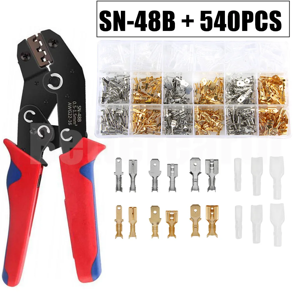 540/360Pcs 2.8/4.8/6.3mm Female Male Electrical Spade Wire Butt Connectors Lugs Cable Splice Crimp Terminals Crimper Plier Kit