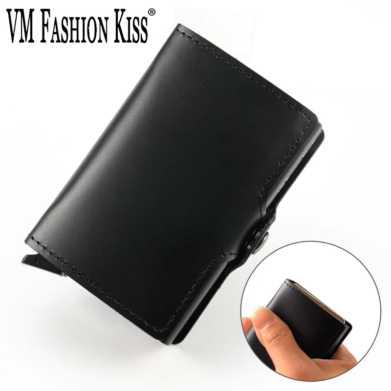 VM FASHION KISS Genuine Leather RFID Blocking Men Wallet Credit Card Holder Card Double Metal Box ID Card Holder Money Clip Purs