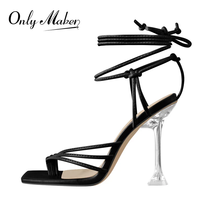 Onlymaker Women Square Toe Summer  Sandals For Matte White Black Lace-Up Knotted Flip Flops Clear Metal High Heel Shoes