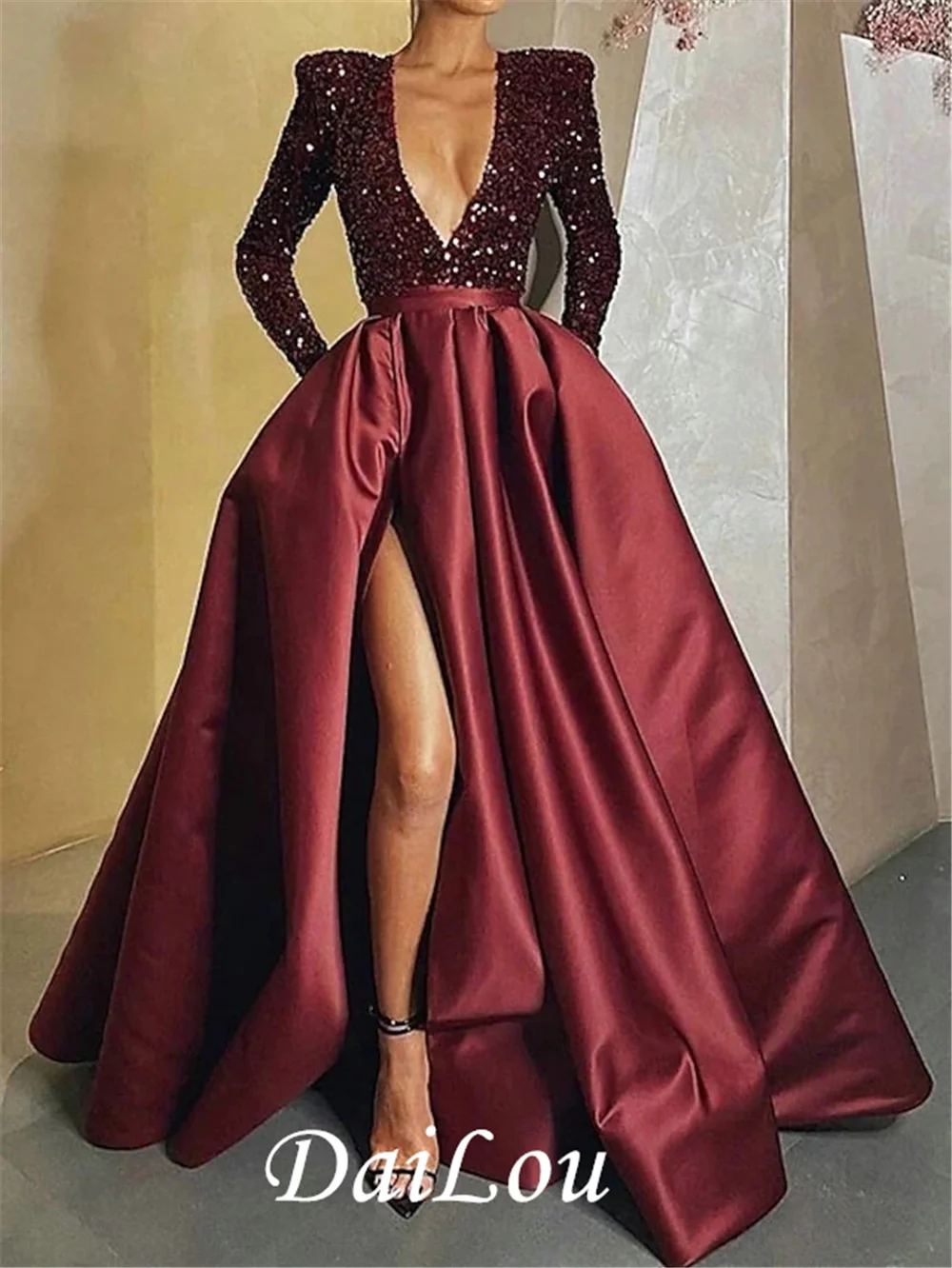 A-Line Sparkle Party Wear Formal Evening Dress V Neck Long Sleeve Floor Length Satin Sequin With Crystals Split 2023