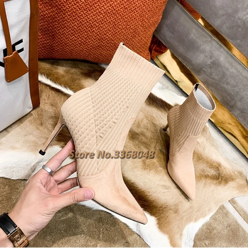 Sock Booties Elastic Fabric Burgundy Slip On Sexy Pointed Toe Women Dress Boots Thin High Heel Ankle Autumn Winter Boots