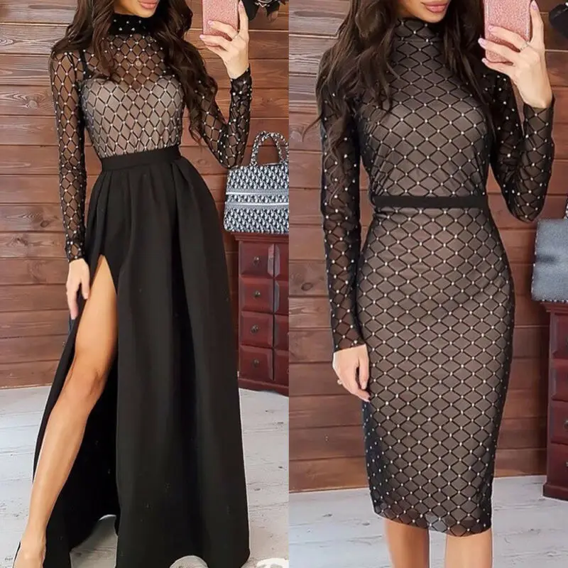 

Sexy Women Sequined Glitter Dress Elegant Rhinestone Mesh See-through Long Sleeve Bandage Bodycon Evening Party Clubwear Vestido