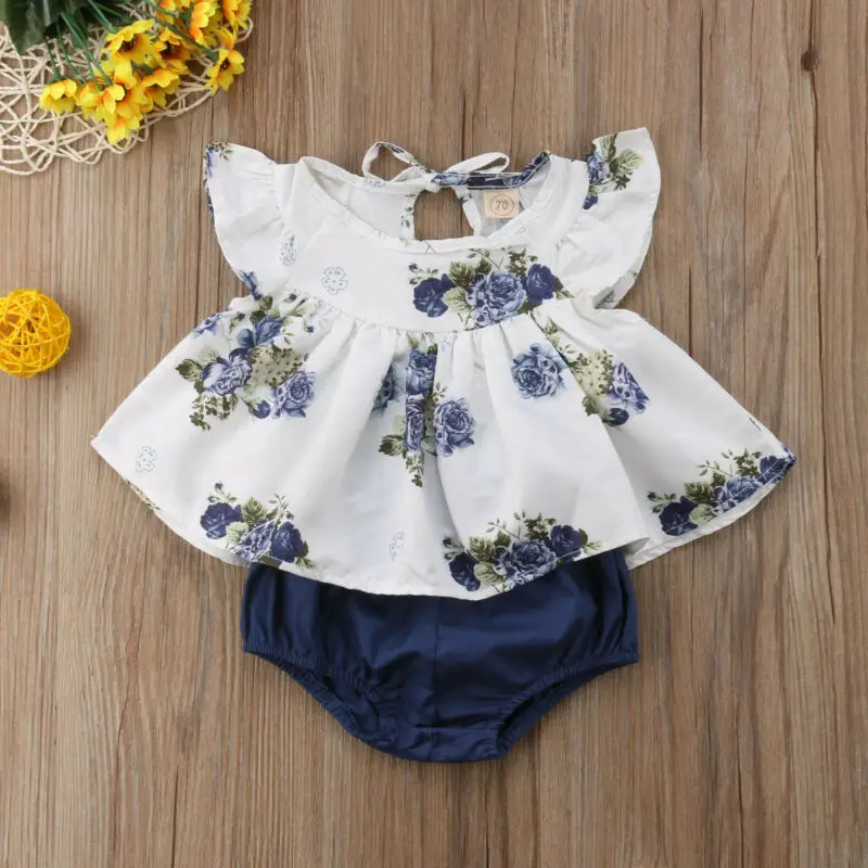 New Summer Floral Round Neck Tops Harem Shorts Girl Casual Cotton Cute 2PCs Newborn Baby Girls Clothes Set Infant Clothing