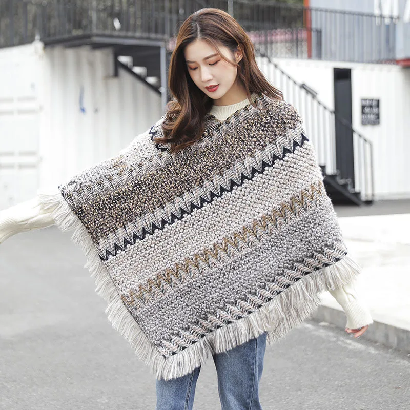 Ethnic Poncho Bohemian Style Winter Fashion Warm Brand Tassel Scarf Knitted Shawl For Women Foulard Pashmina