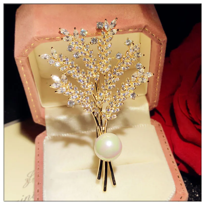 Vintage Jewelry Brooches For Women Wheat Cubic Zirconia Fine Brooch Luxury Imitation Pearls Corsage Pins Cardigan Button view 3