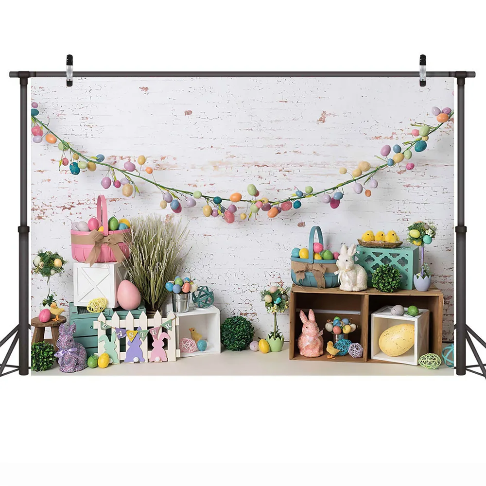 ไข่อีสเตอร์ฉากหลัง Photocall ฤดูใบไม้ผลิ Easter Bunny ถ่ายภาพพื้นหลังกําแพงอิฐสีขาวกระต่ายวันเกิด Photoshoot