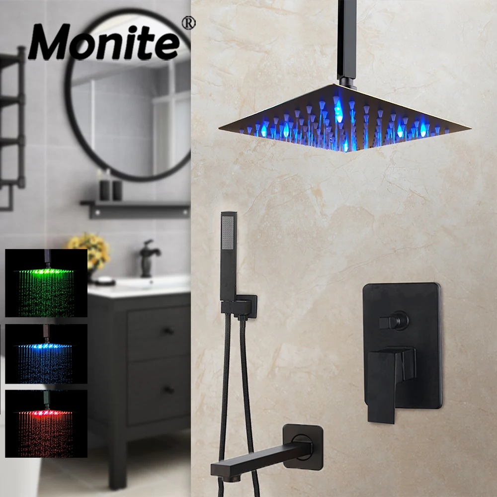 

Monite 8 16 LED Bathroom Shower Faucet Set Black Paint Brass Mixer Tap W/ Waterfall 2-Functions Rainfall Shower Head Set Faucet