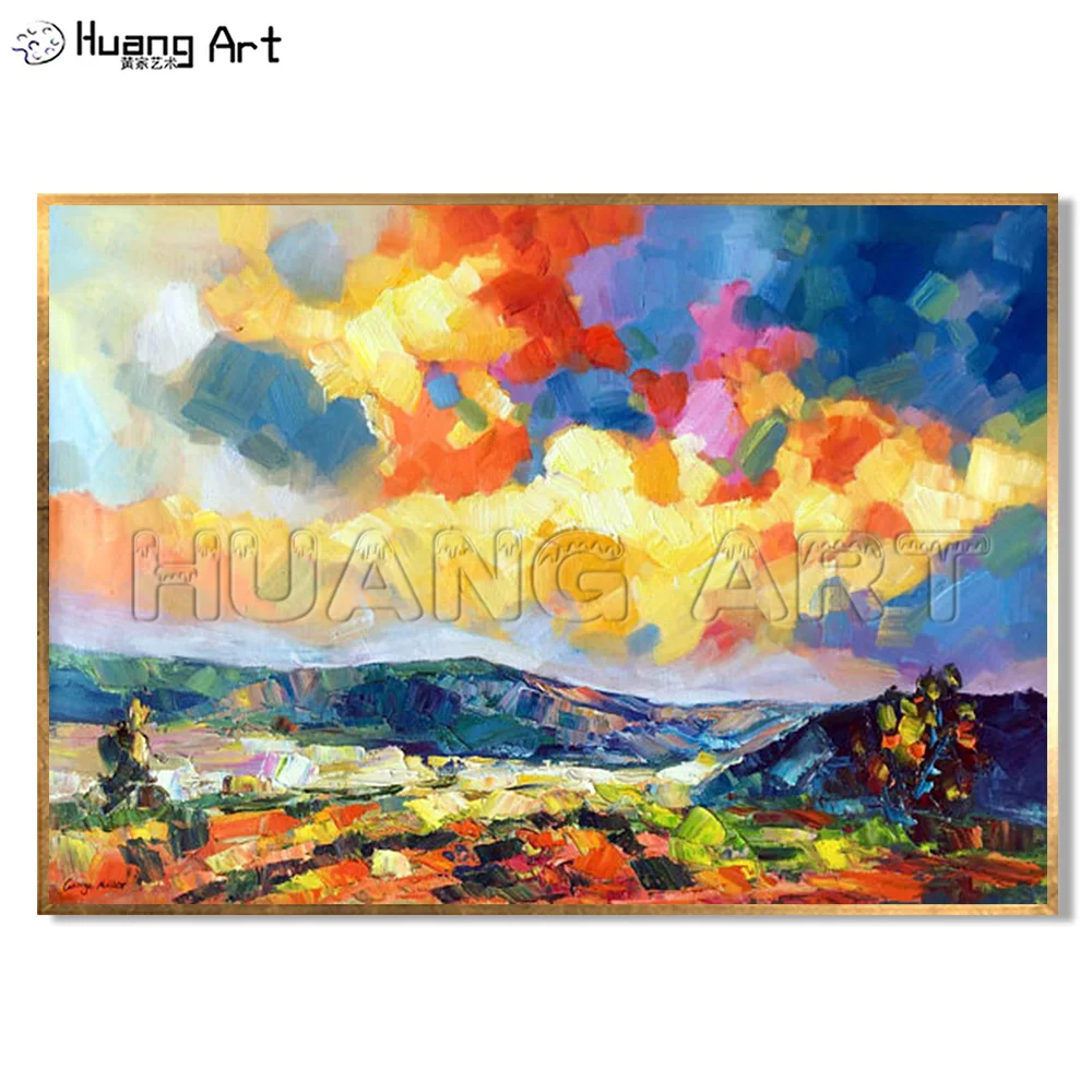 Pure Hand-painted Modern Colorful Sky Landscape Oil Painting on Canvas Handmade Bright Color Abstract Landscape Knife Painting