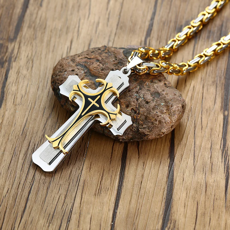 Vnox Cross Necklace For Men Byzantine Gold Color Stainless Steel Chain Catholic Crucifix Pendant Male Punk Rock Ornaments