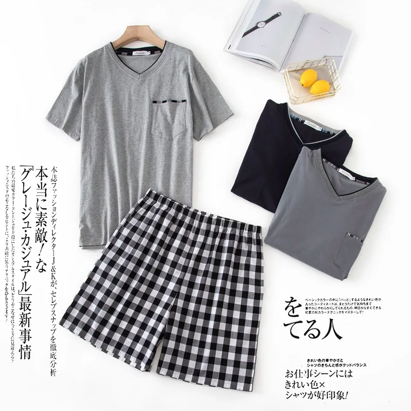 

Men Pajamas Suit Plaid Sexy Sleepwear Lapel Home Clothes Casual 2PCS Shirt&Shorts Loungewear Summer Soft Nightwear Lingerie