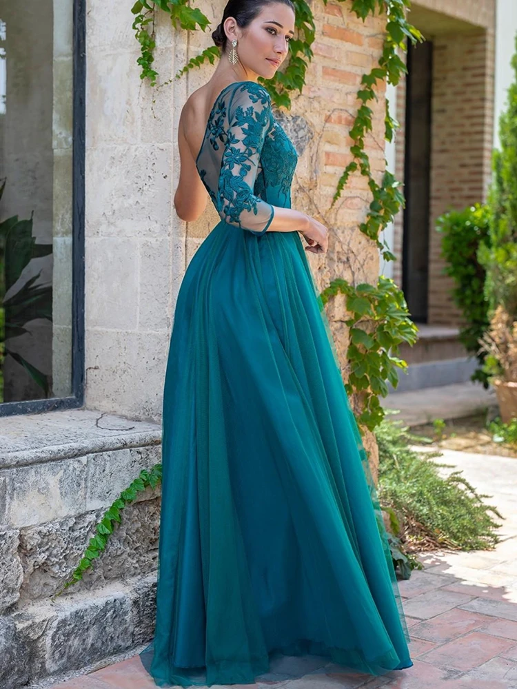 Vestidos de Noche turquesa con un hombro descubierto para mujer, manga larga, abertura alta, elegante, Formal, fiesta, graduación, 2020