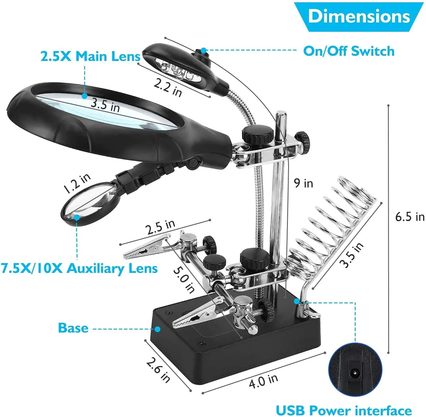 2.5X 7.5X 10X LED Light Helping Hands Magnifier Soldering Station Magnifying Glass Stand with Auxiliary Clamp and Alligator Clip