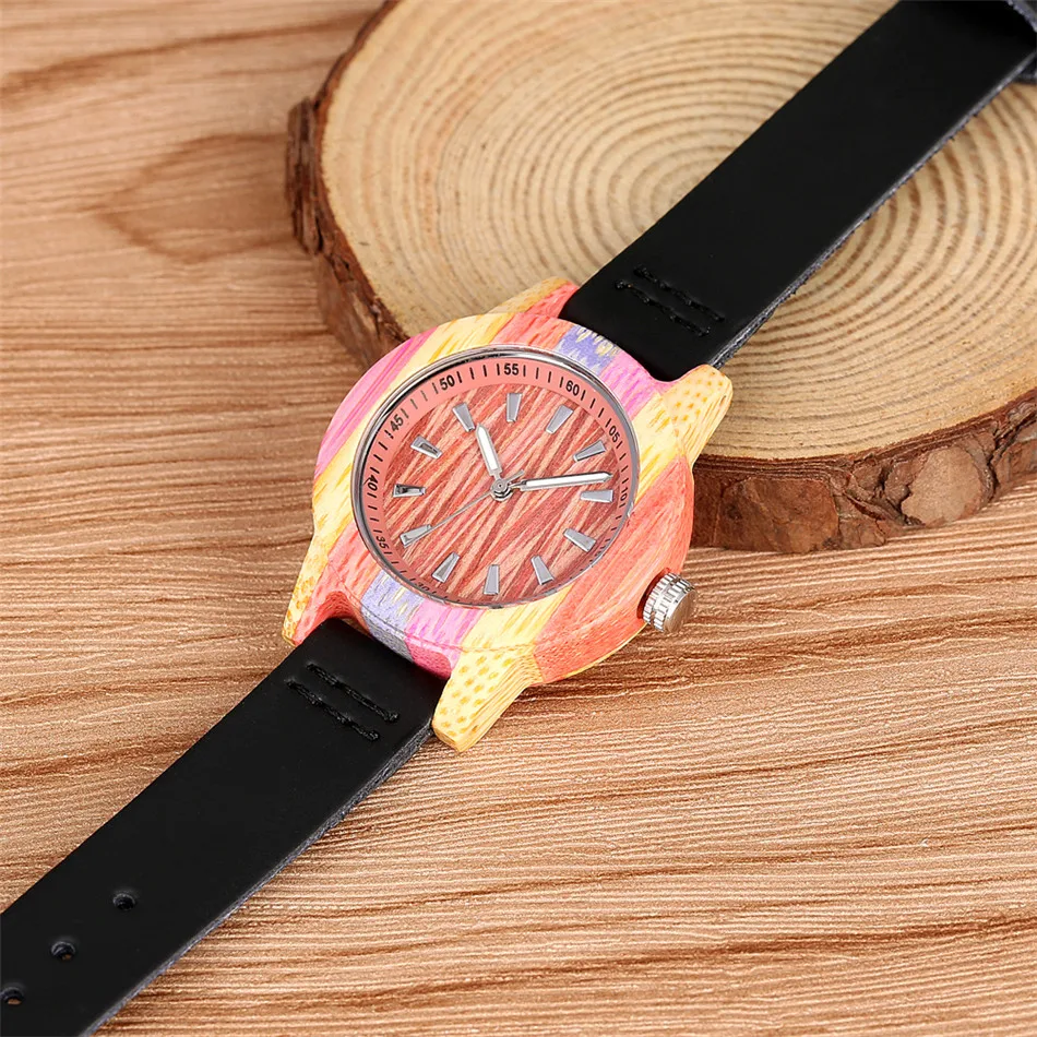 Colorful Bamboo Watch Lady Quartz Black/Brown Genuine Leather Wristwatch Minimalist Small Dial Women\'s Wood Watches reloj mujer