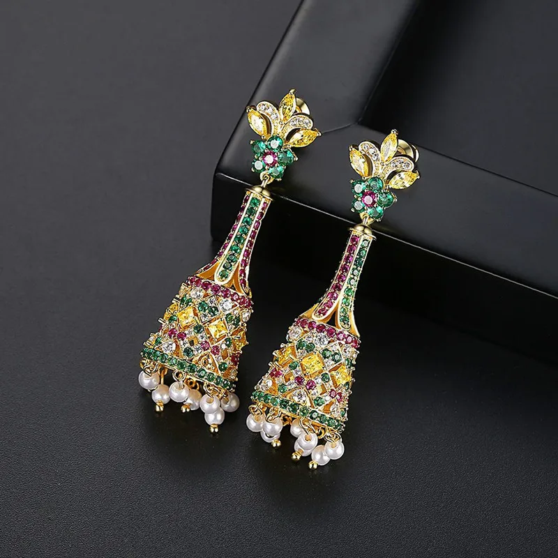 

FXLRY Ethnic style New creative retro Colorful Flower Big Drop Earrings female court banquet earrings Fashion Jewelry